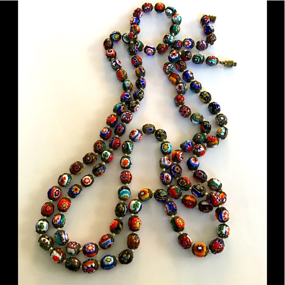 Antique Millefiore Venetian Glass Necklace 48"